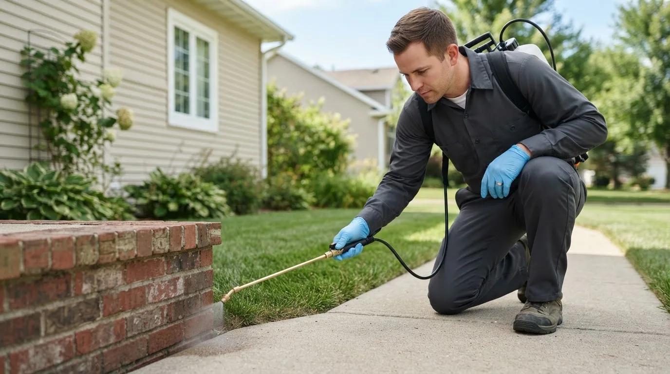 Pest control technician treating a home near Frankfort, MI