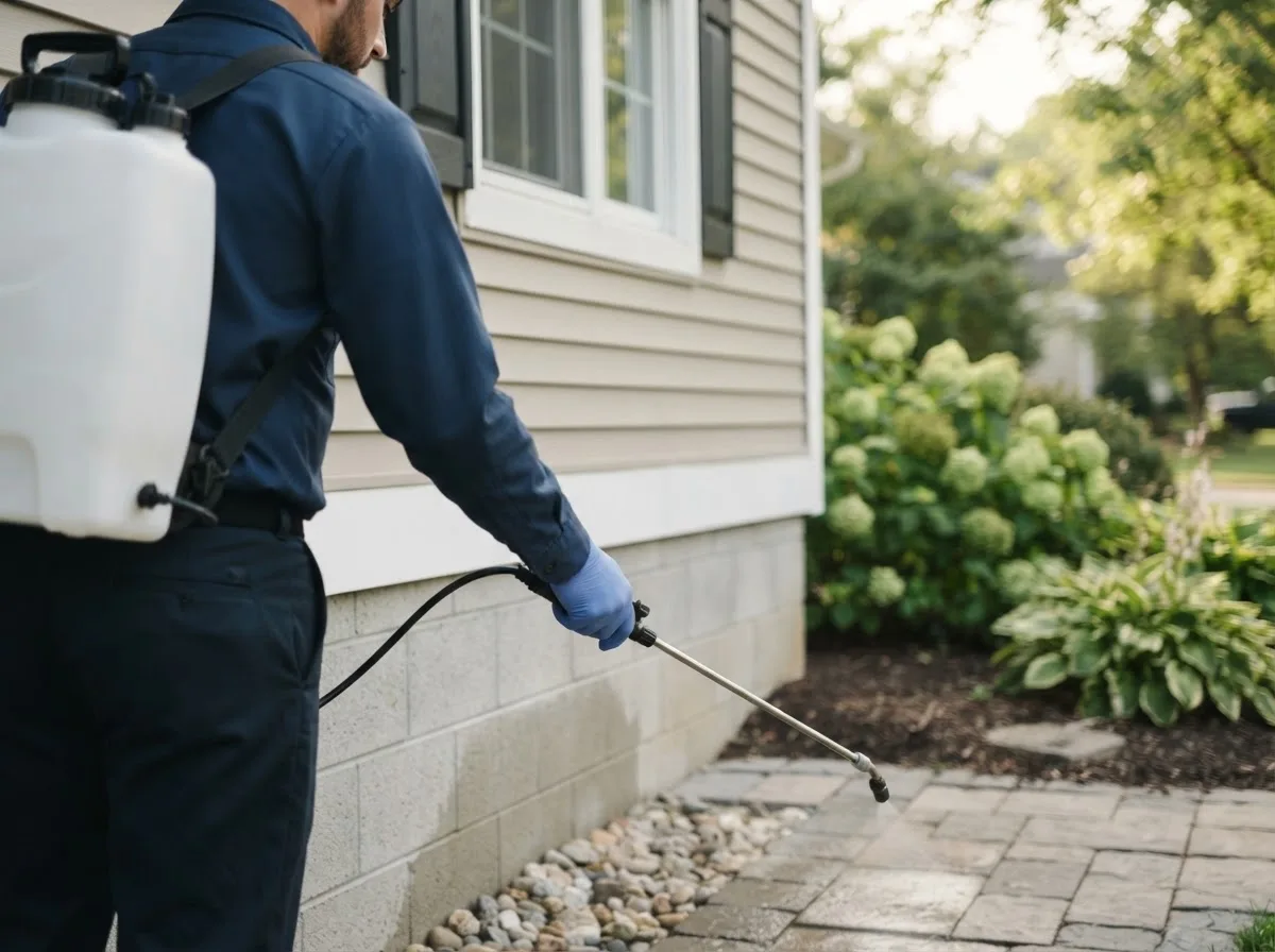 Pest control technician inspecting a home in Frankfort, MI